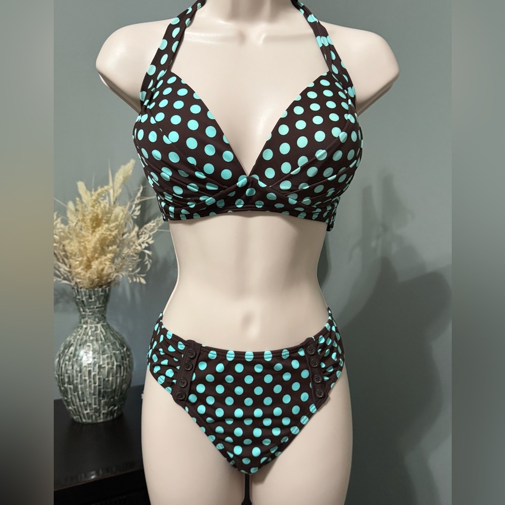Venus Polka Dot Halter Bikini Set - Brown and Blue Size 10 + DD top 38C/36D/34DD
